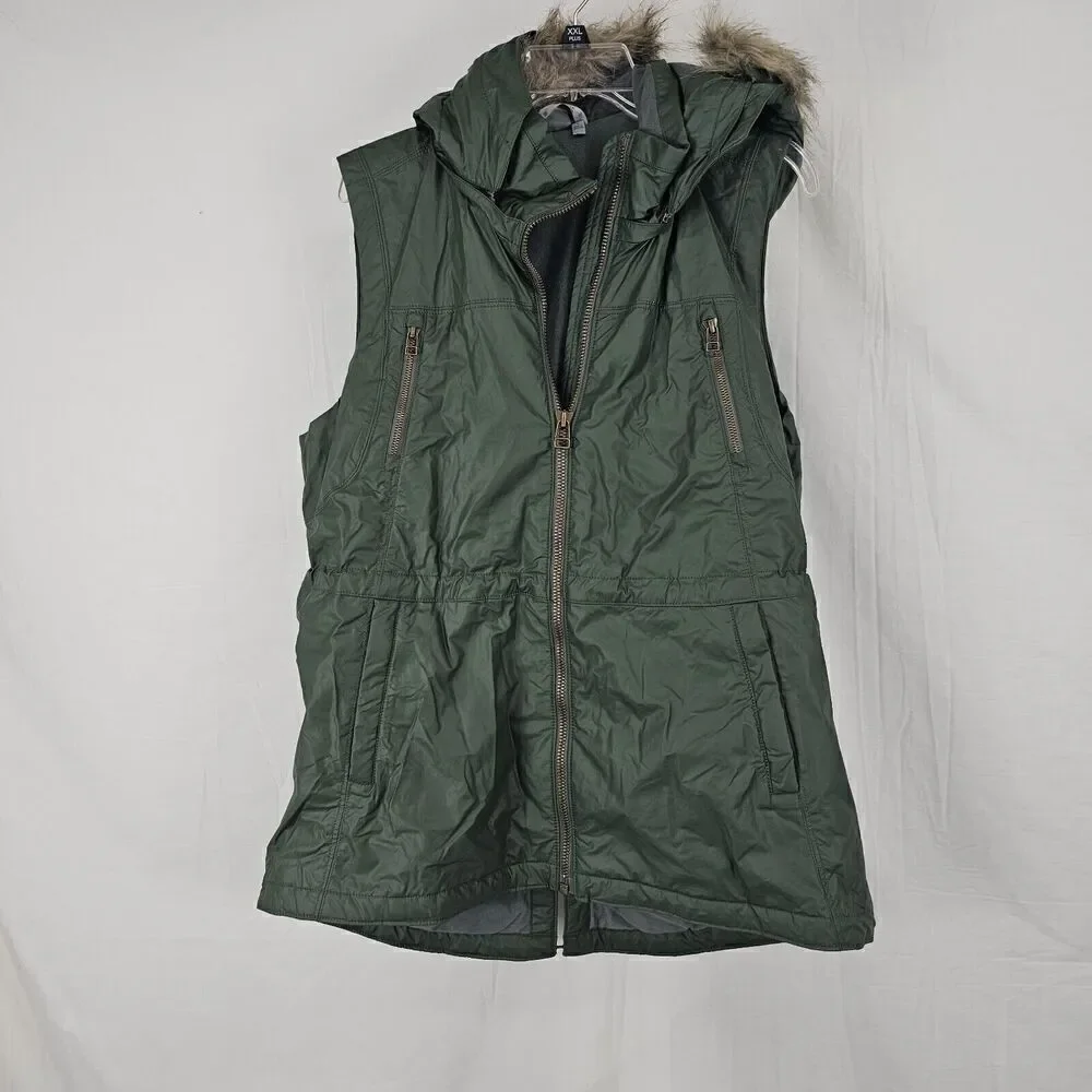 Athleta Green Alpine Air Vest Faux Fur Removable Hood Zip Pockets Size Large - Picture 2 of 9